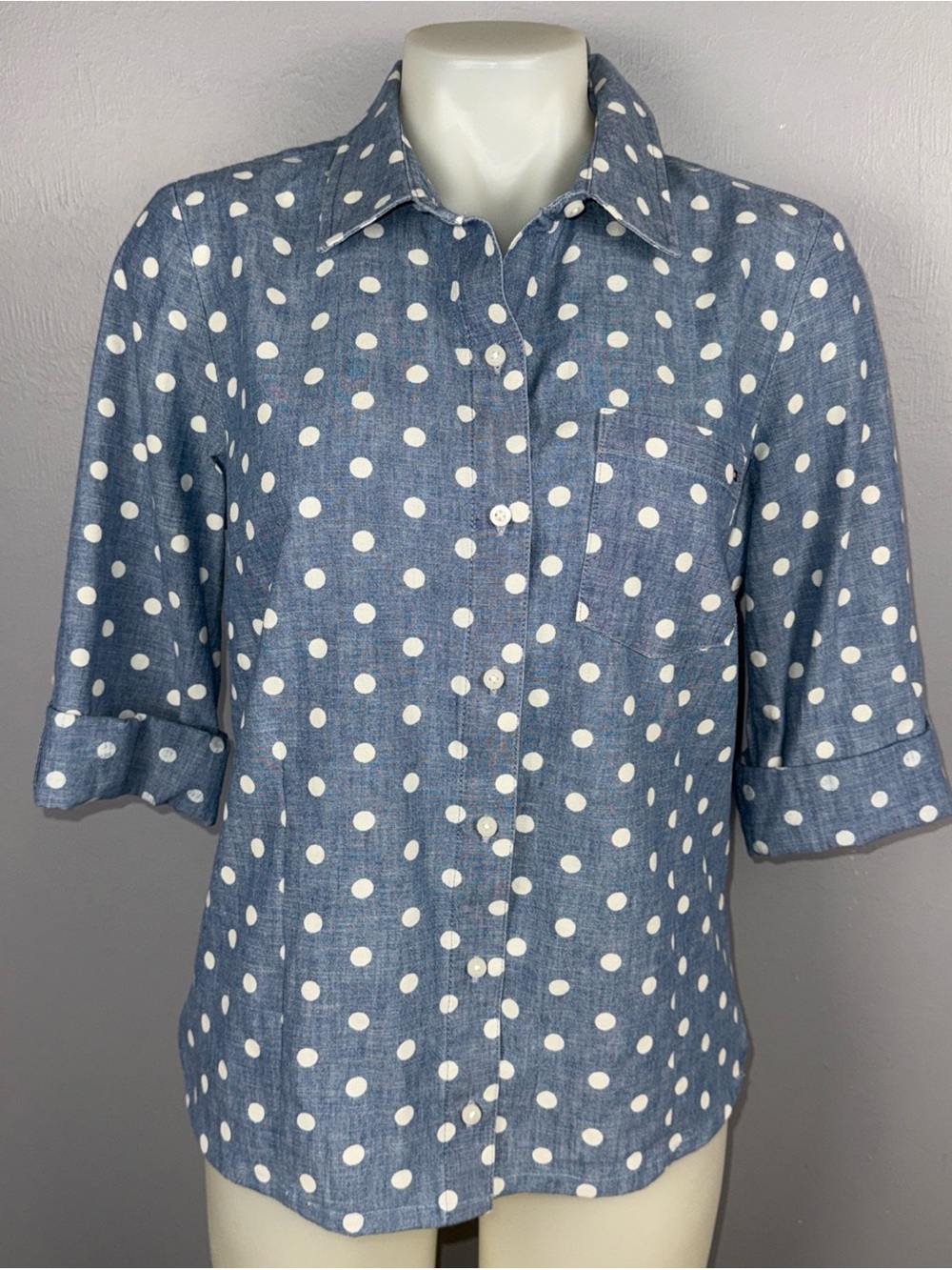 Tommy Hilfiger Shirt M Blue Polka Dot 3/4 Roll Tab Sleeve Button Down *READ - Picture 2 of 10